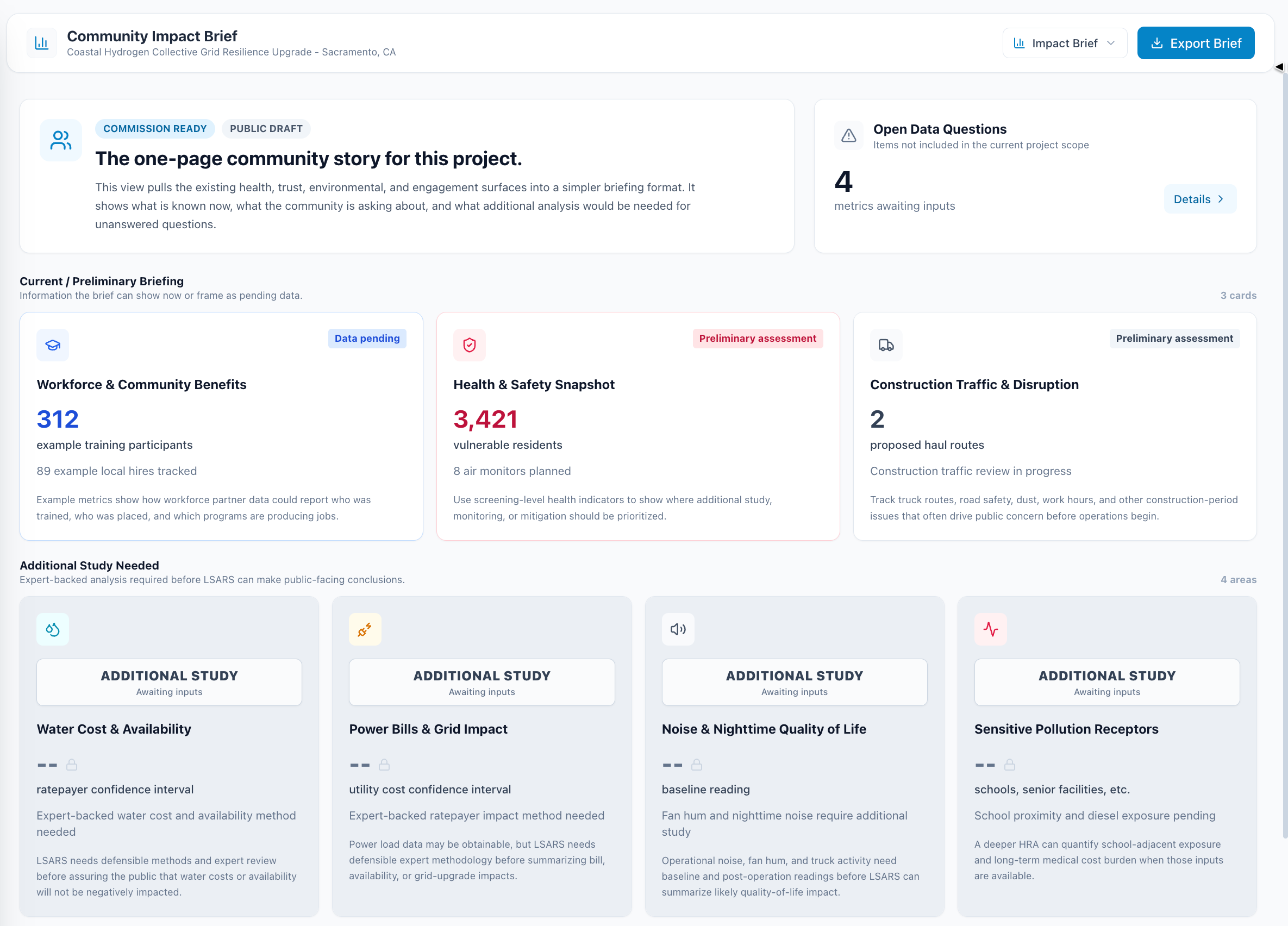 A sample Community Impact Brief in the LSARS app, showing workforce and community benefits, a health and safety snapshot, construction traffic, open data questions, and additional studies needed for a project.
