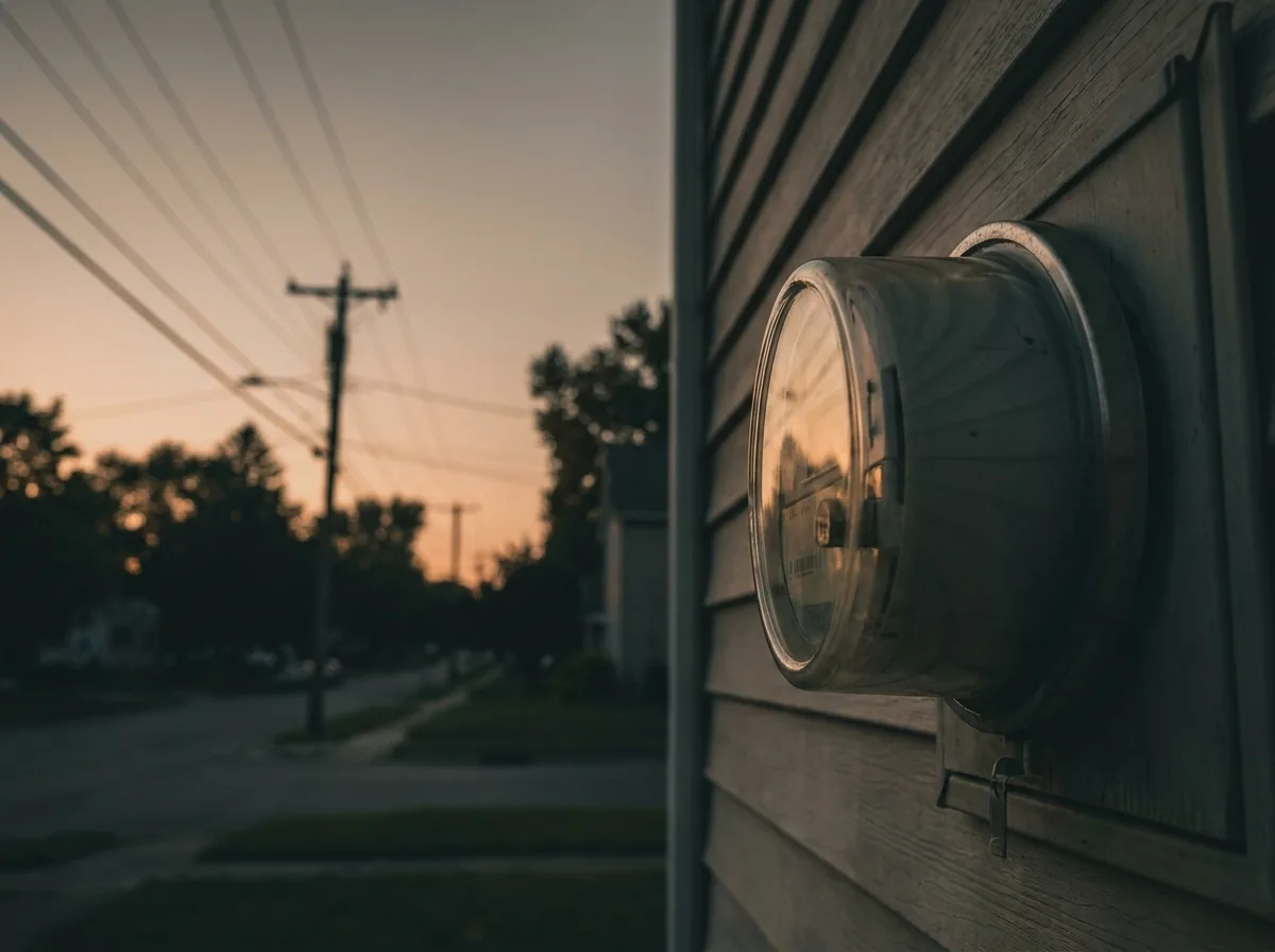 A residential electric meter on the side of a suburban home at dusk, with power lines stretching down a quiet street.