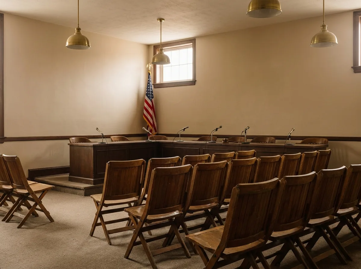 An empty small-town council chamber with rows of wooden chairs facing a dais with microphones and an American flag.