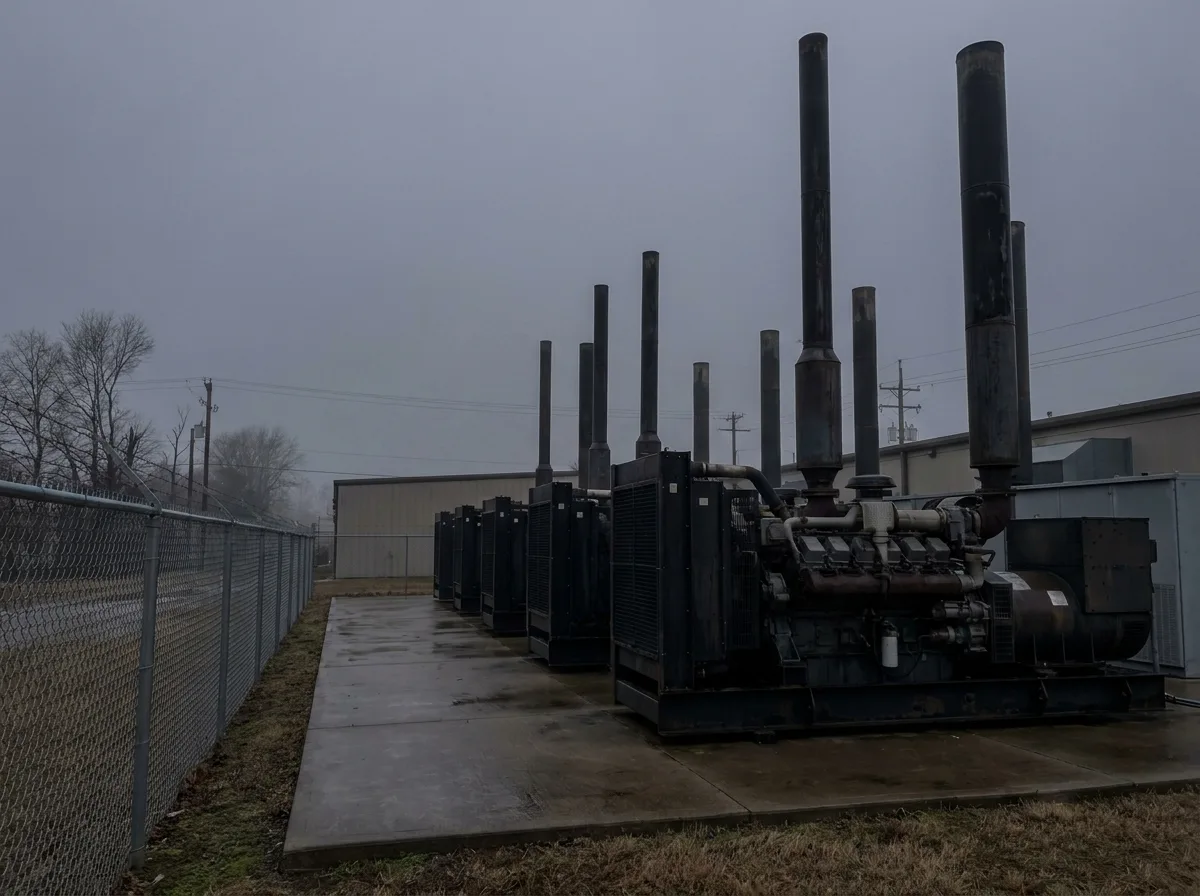 A row of large industrial diesel backup generators with tall vertical exhaust stacks at a fence line, in overcast light.