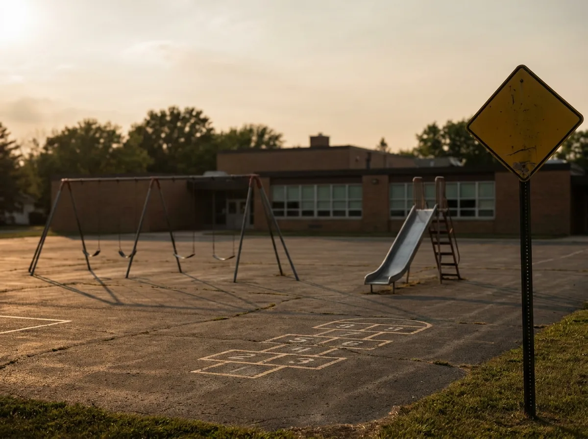 An empty elementary school playground at golden hour with a swing set, slide, hopscotch markings, and a school crossing sign.