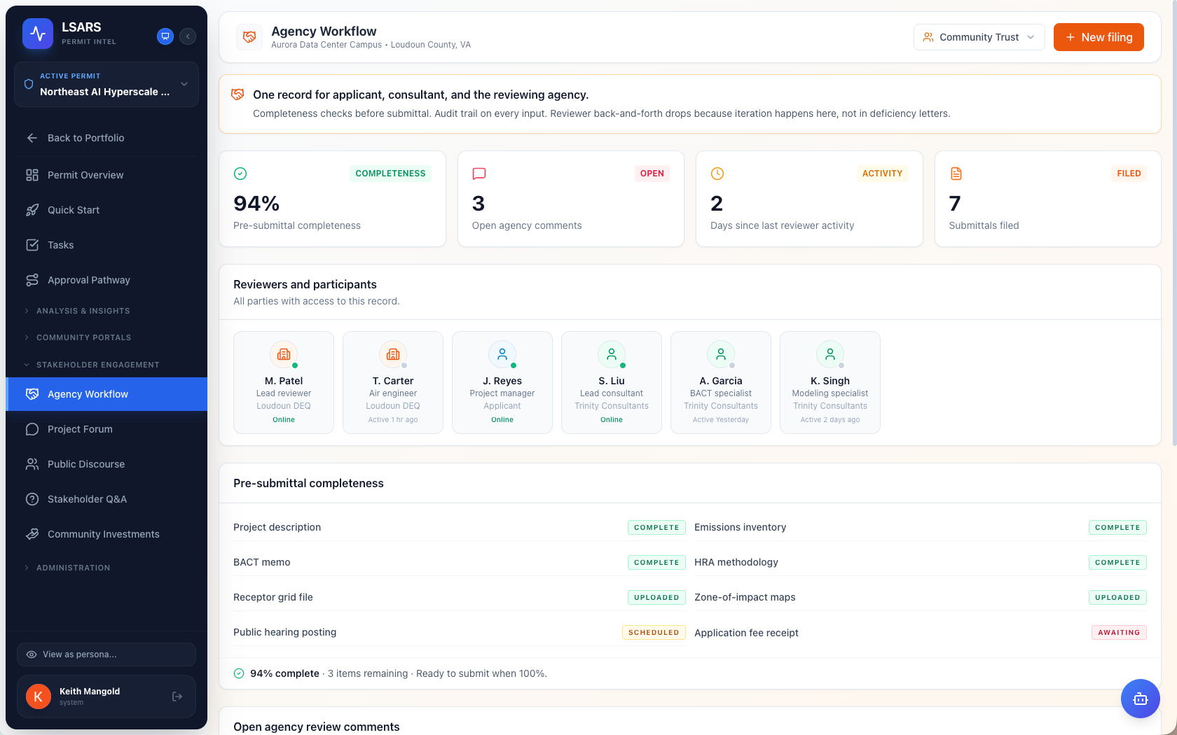 A shared agency-applicant workspace with documents, modeling inputs, and review comments.