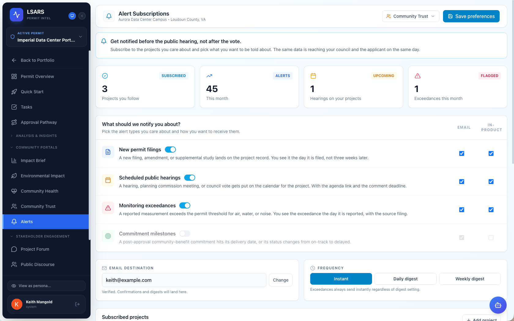 A subscription page on LSARS where neighbors choose which projects to follow and how to be notified.