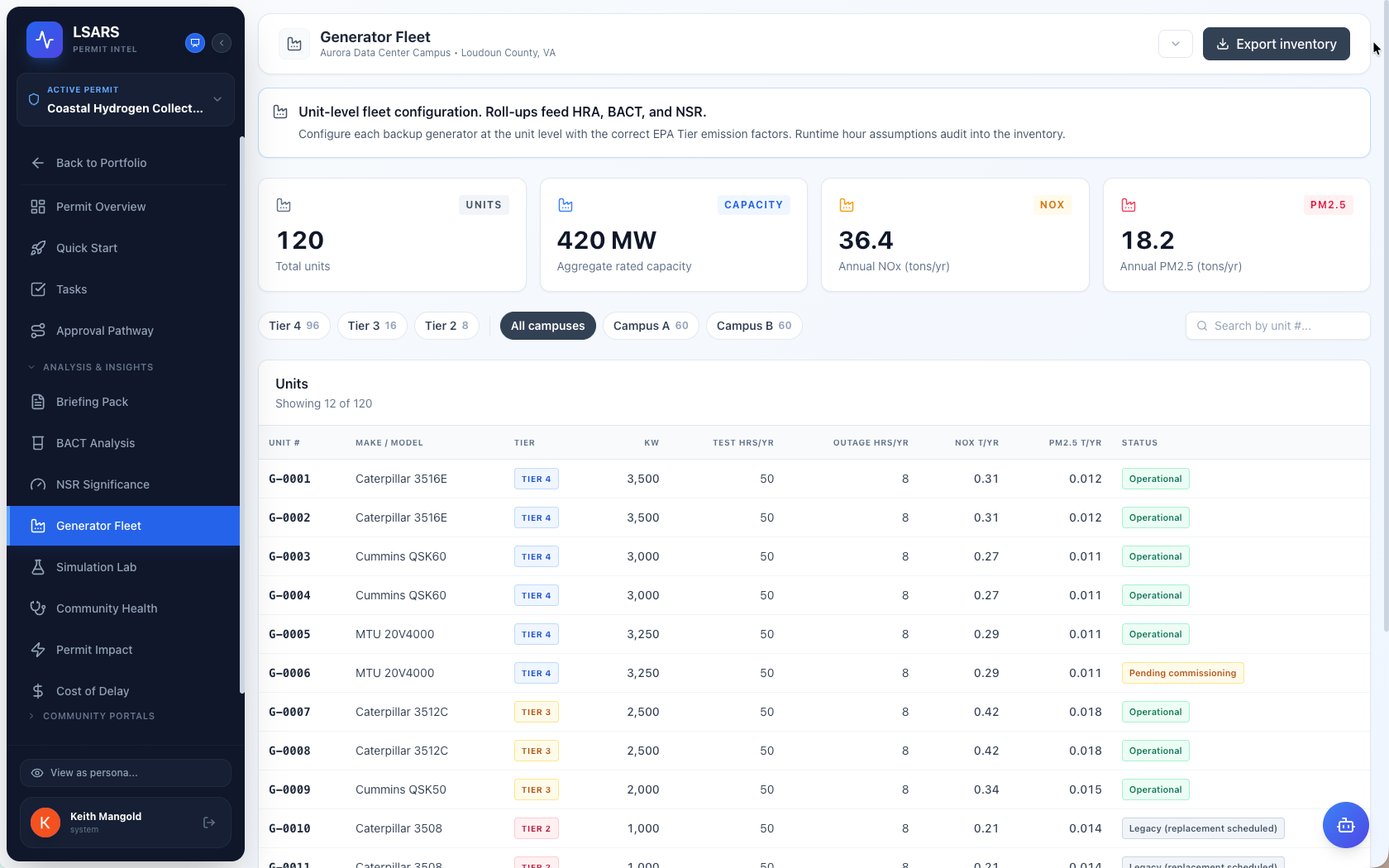 A generator fleet configuration view listing backup units, emission factors, and runtime assumptions.