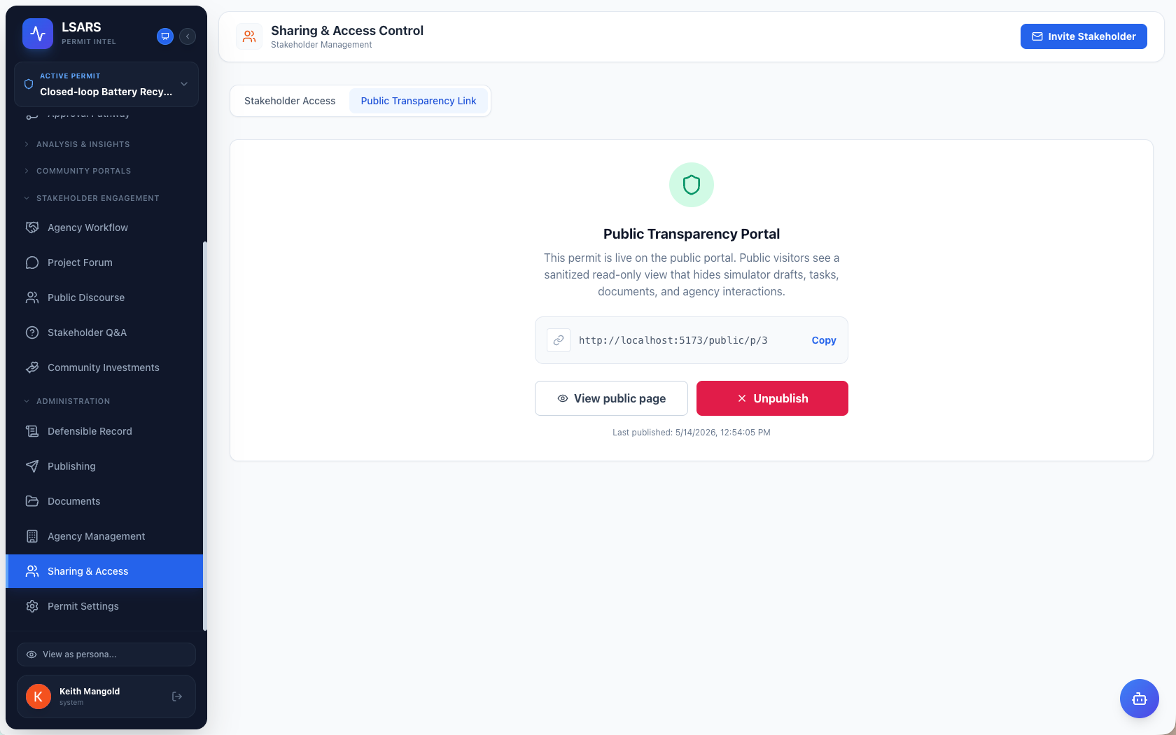 A publish-to-public toggle inside the LSARS project workspace, with a preview of the resulting public landing page.