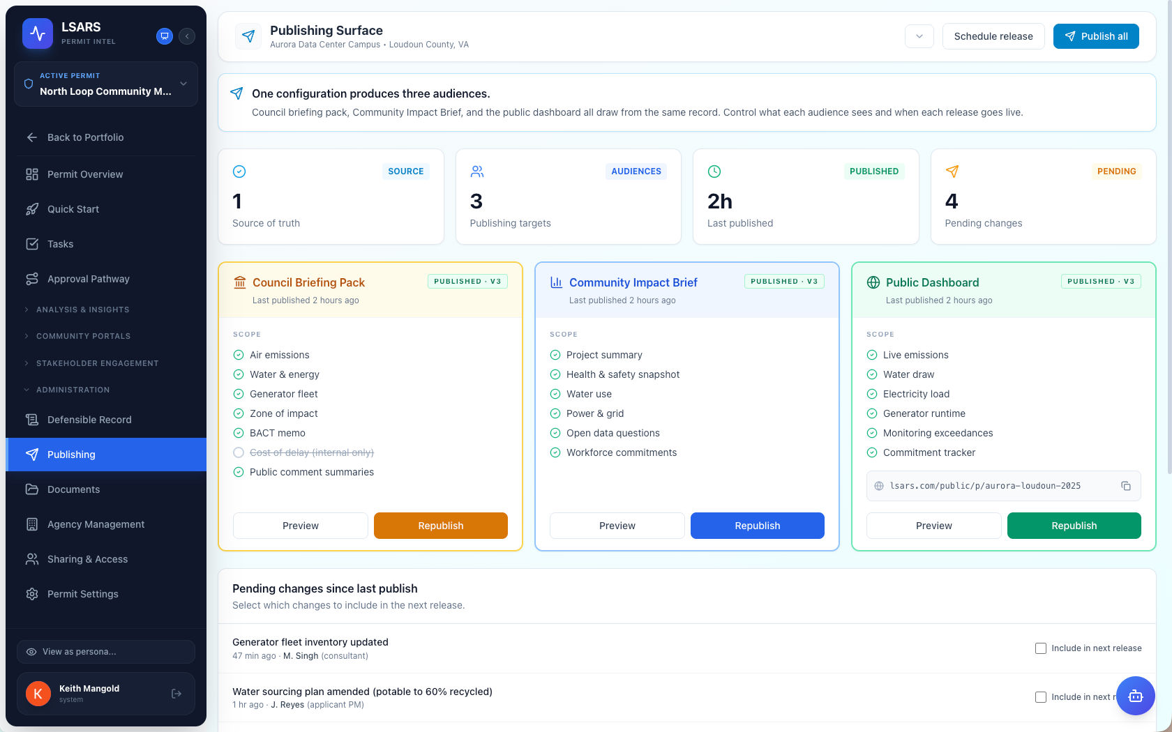 A publishing surface for releasing project data to the council briefing and the community dashboard.
