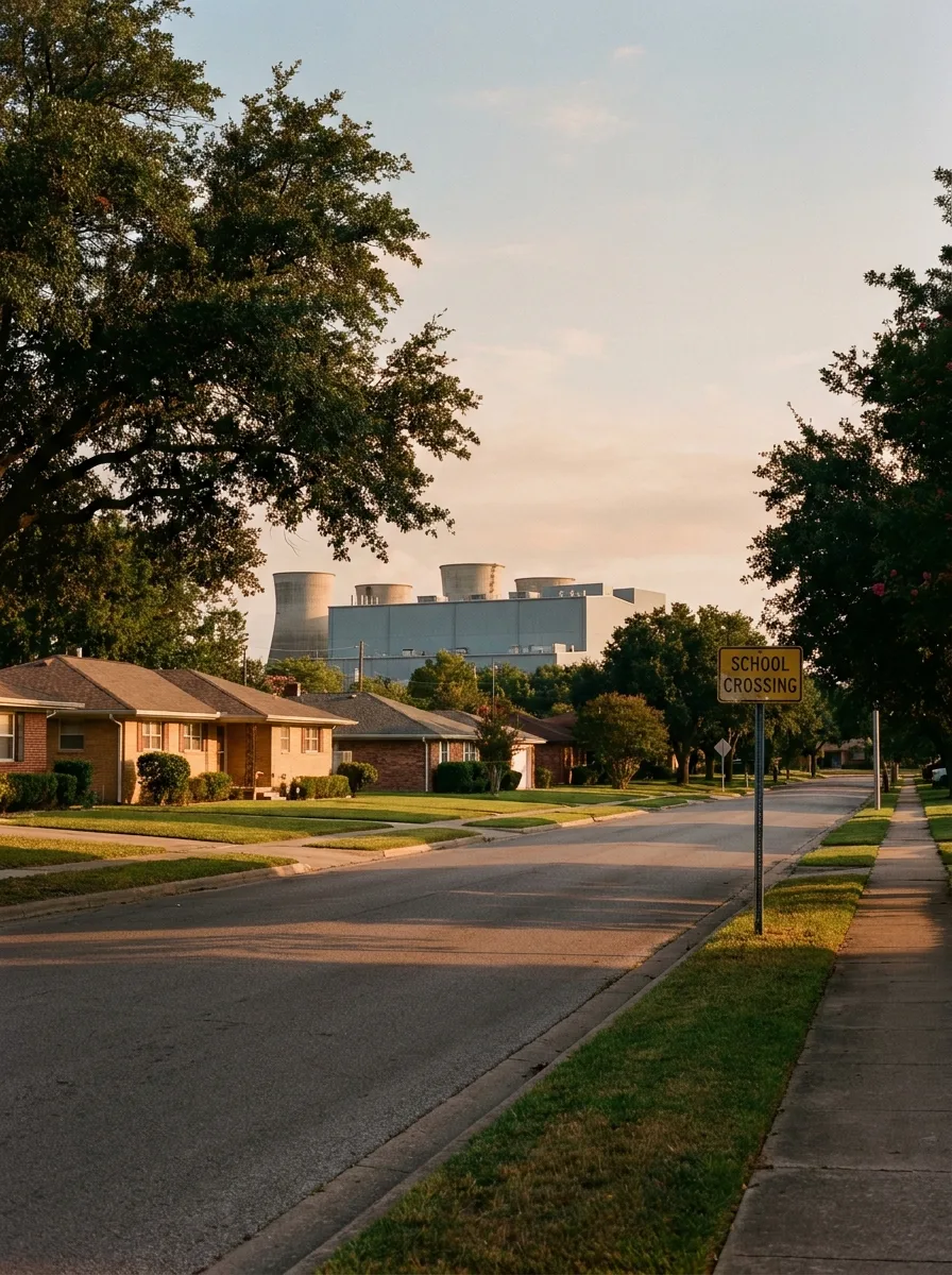 A residential street at golden hour with a school crossing sign and an industrial facility visible in the distance, illustrating the proximity of large-scale infrastructure projects to neighborhoods.
