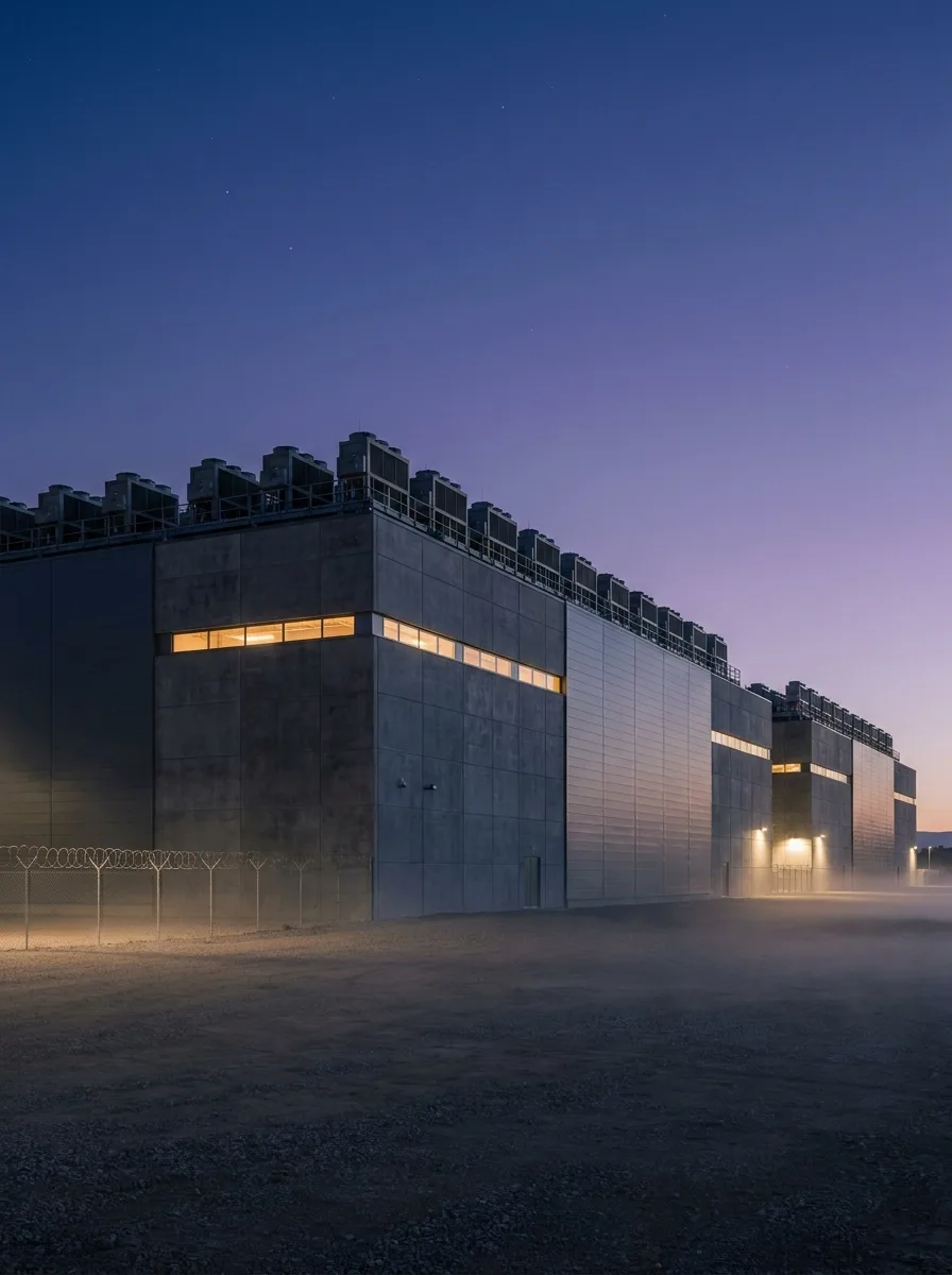 Exterior of a modern hyperscale data center facility at twilight, showing rooftop cooling arrays and large-scale industrial architecture against a deep purple-blue sky.