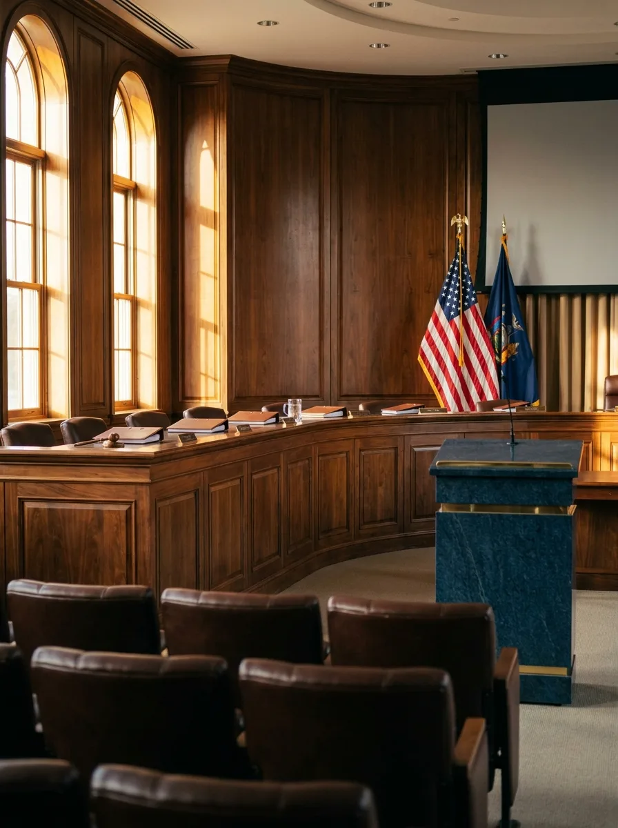 Interior of an American county council chamber with empty leather seating, polished podium, US and state flags, and warm afternoon light through tall windows.