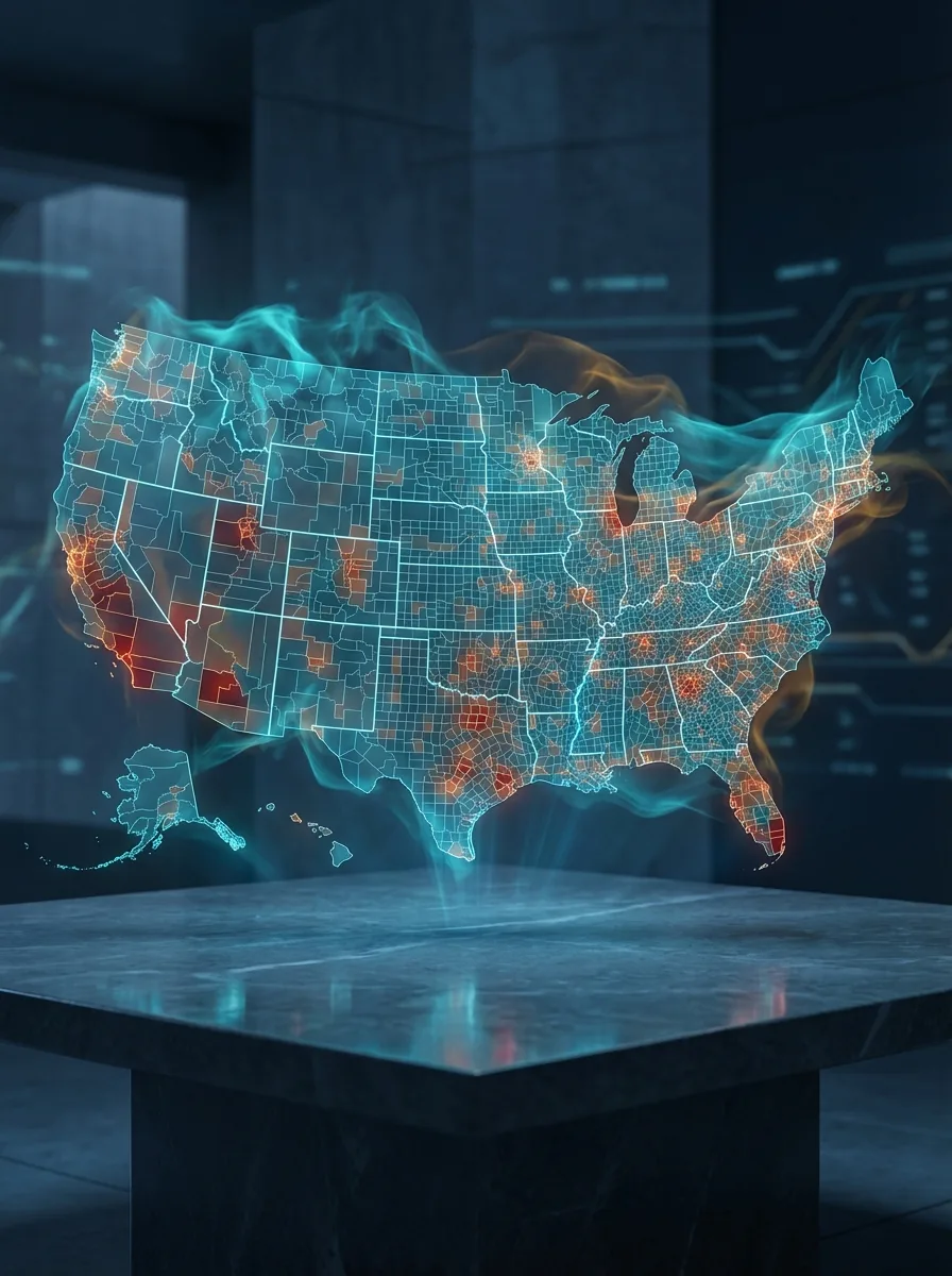 Holographic map of US census tracts with environmental and social vulnerability overlays, replacing the discontinued EJScreen tool